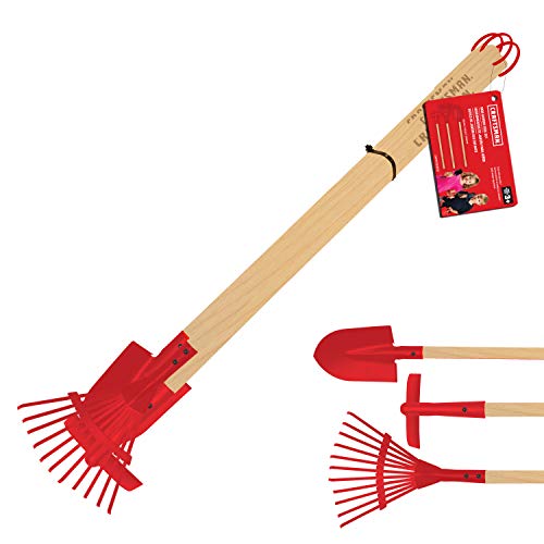 craftsman-garden-tools-set-for-kids-3-piece-hoe-leaf-rake-shovel-wood-and-metal- image 2