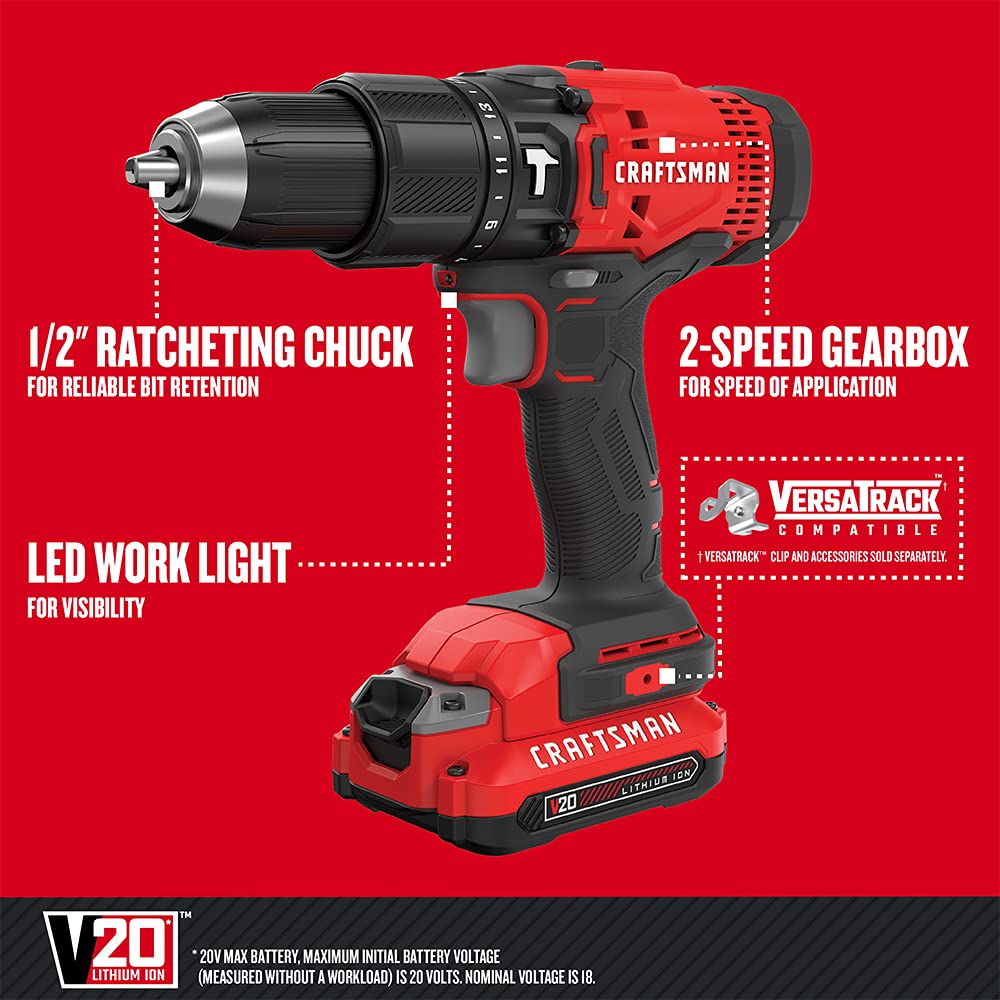 craftsman-v20-cmcd711c2-cordless-hammer-drill-kit-1-2-inch-2-batteries-and-charg image 2