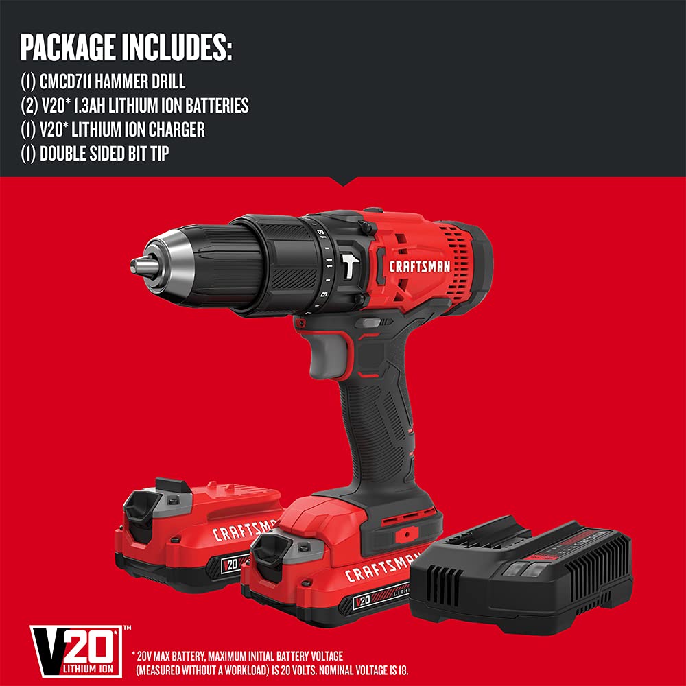 craftsman-v20-cmcd711c2-cordless-hammer-drill-kit-1-2-inch-2-batteries-and-charg image 3