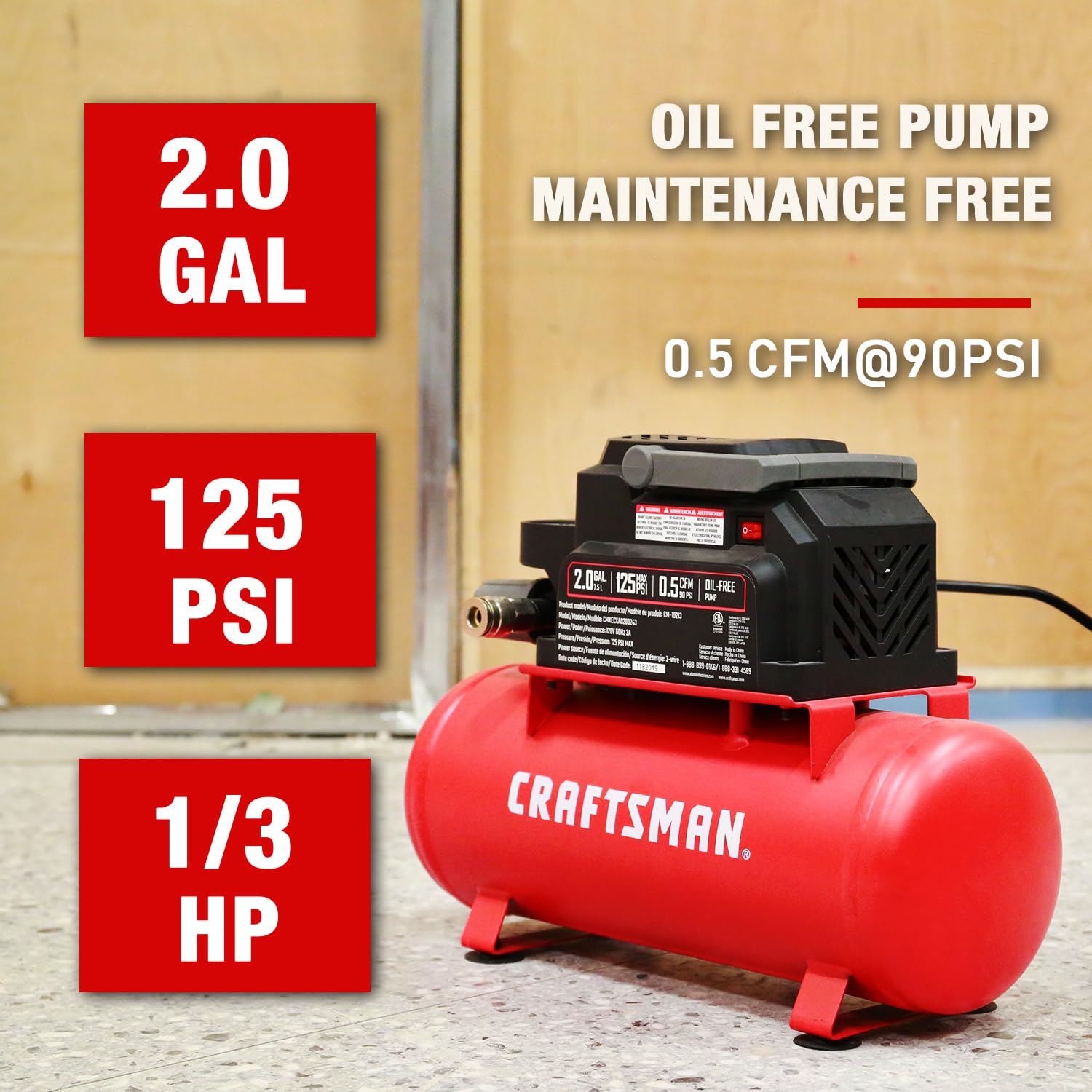craftsman-2-gallon-portable-air-compressor-1-3-hp-oil-free-125-psi-hot-dog-cmxec image 2