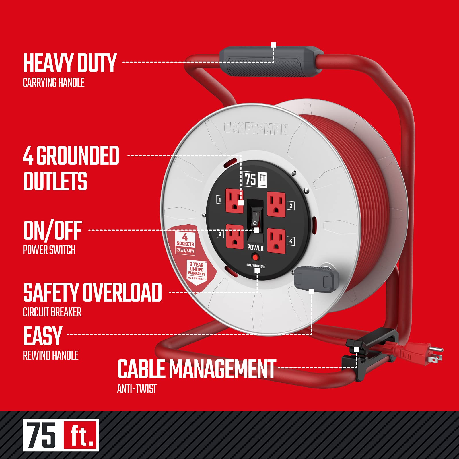 craftsman-75-ft-contractor-retractable-extension-cord-reel-with-4-outlets-12awg- image 2