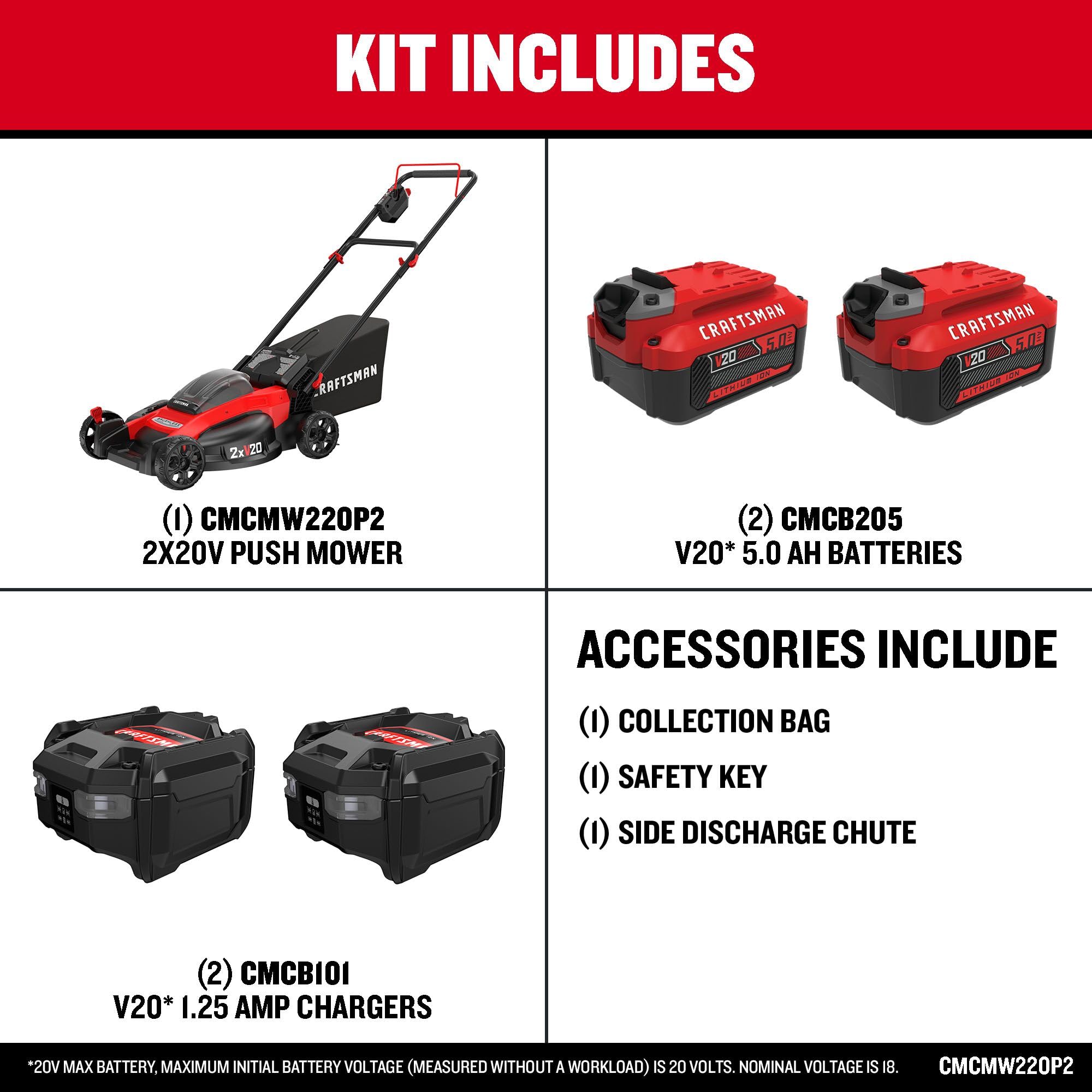 craftsman-v20-20-inch-cordless-push-lawn-mower-kit-2-x-5ah-batteries-and-charger image 2