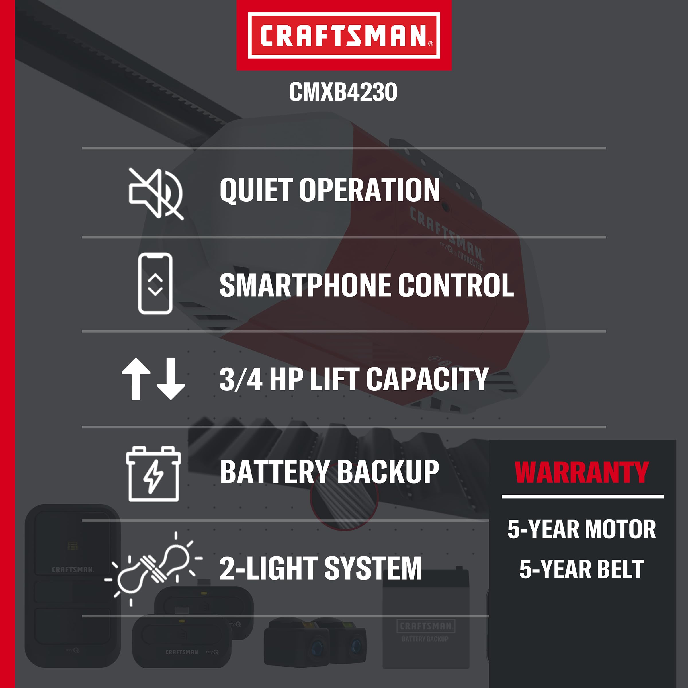 craftsman-3-4-hp-myq-ultra-quiet-smart-belt-drive-garage-door-opener-with-wi-fi- image 2