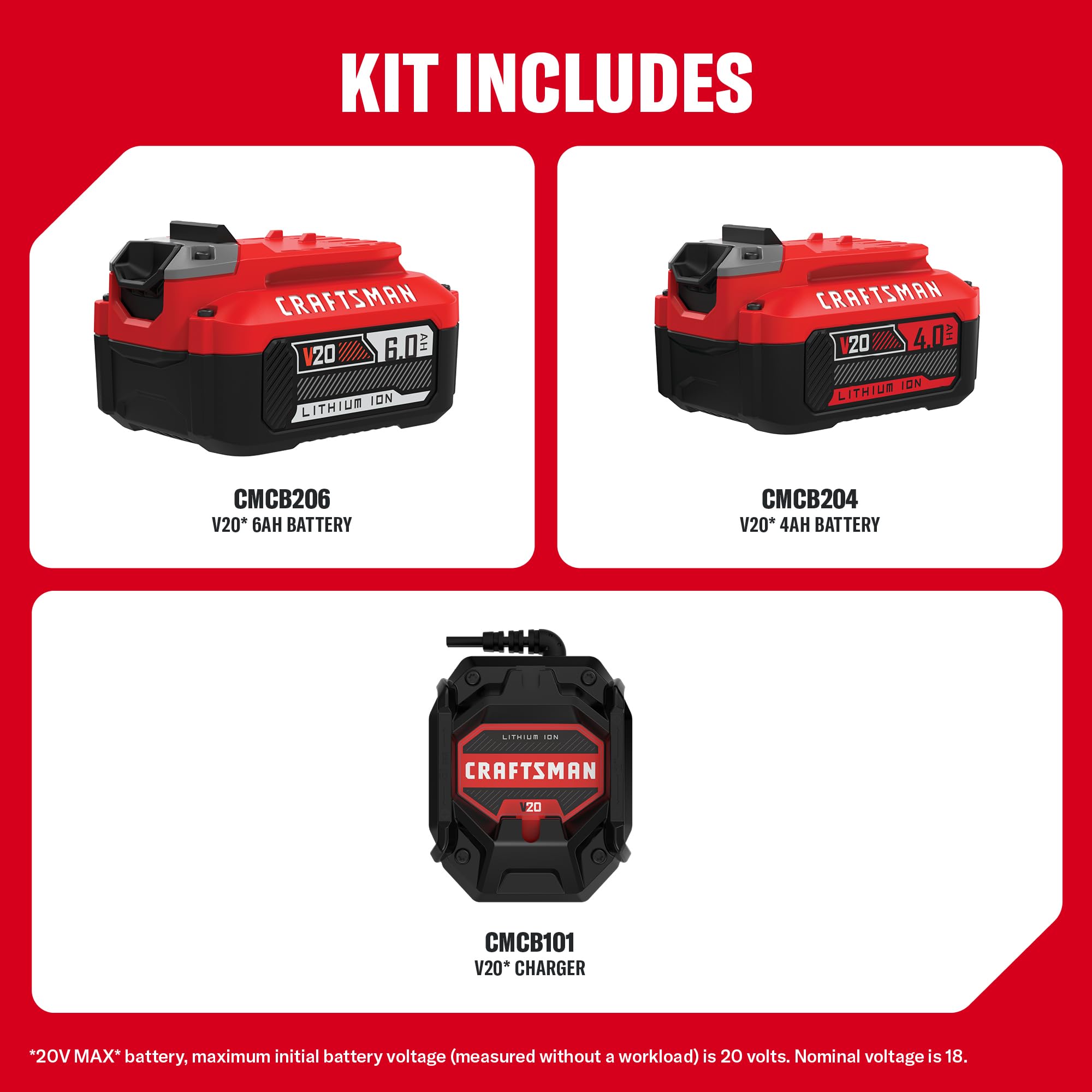 craftsman-v20-20v-battery-and-charger-kit-cmcb2046-ck-4ah-6ah-batteries-charger image 2