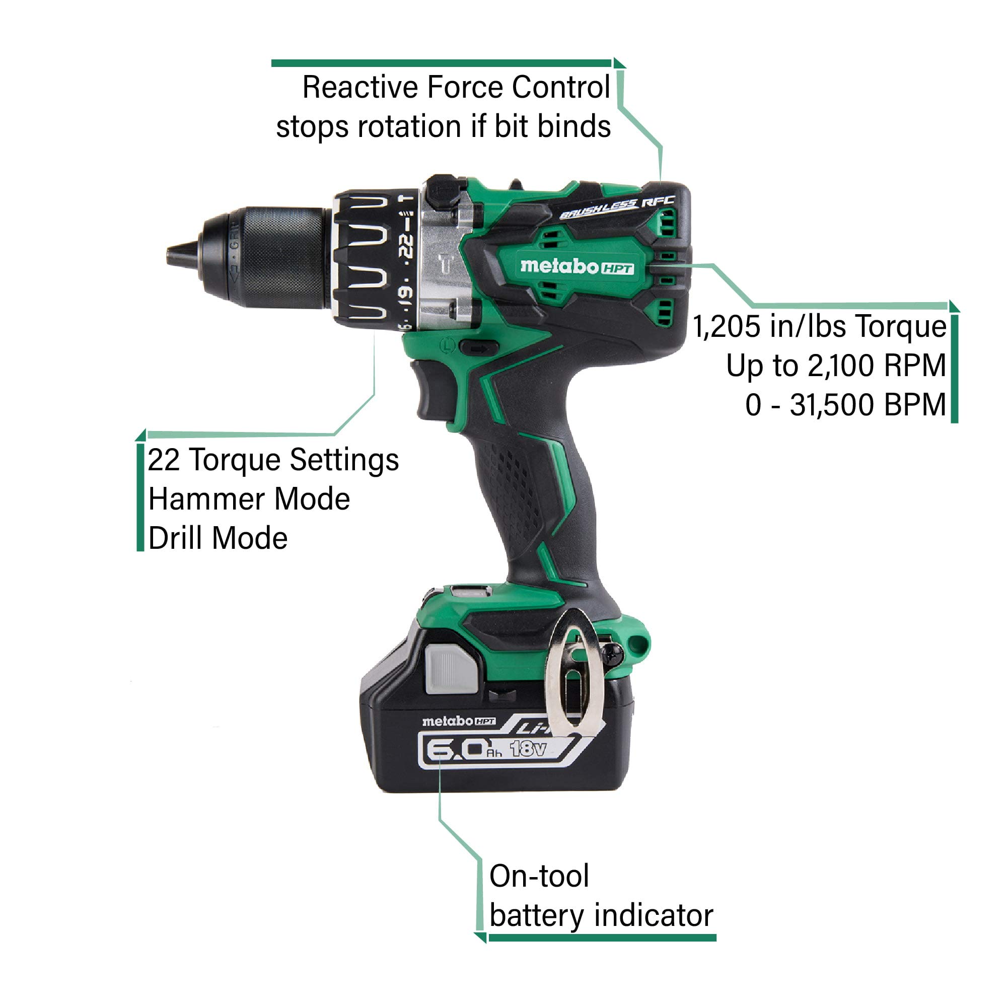 metabo-hpt-18v-brushless-hammer-drill-kit-dv18dbl2-with-two-6-0ah-batteries image 2