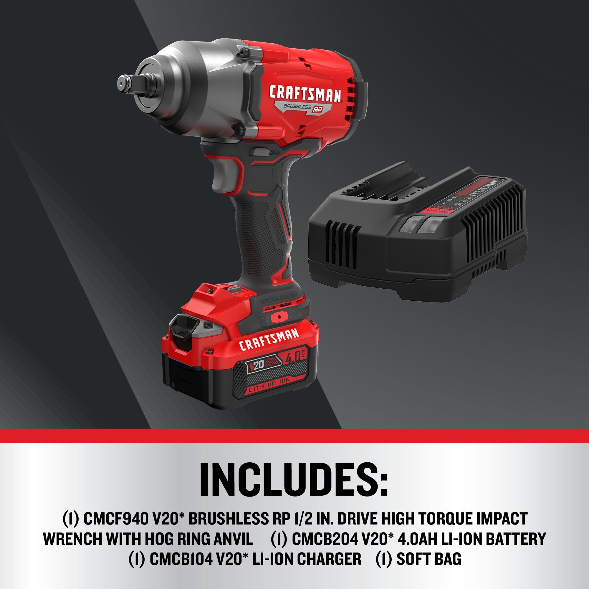 craftsman-v20-brushless-high-torque-impact-wrench-1-2-inch-with-4ah-battery-and- image 2