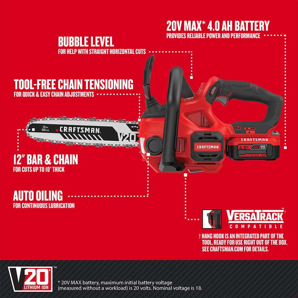 craftsman-v20-cordless-chainsaw-12-inch-with-battery-and-charger-cmccs620m1 image 2