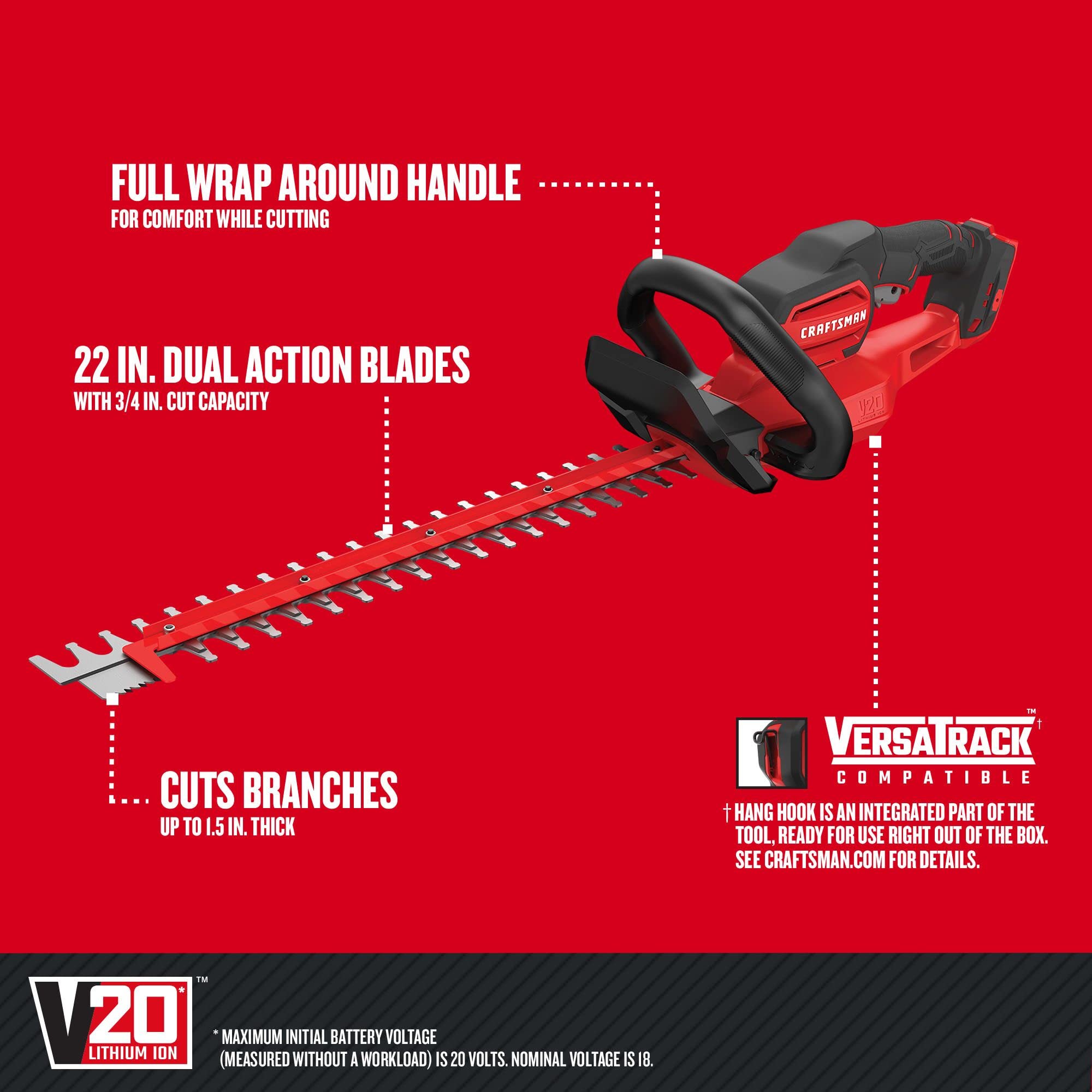 craftsman-cmchts820b-v20-cordless-22-inch-hedge-trimmer-bare-tool-dual-action-bl image 2