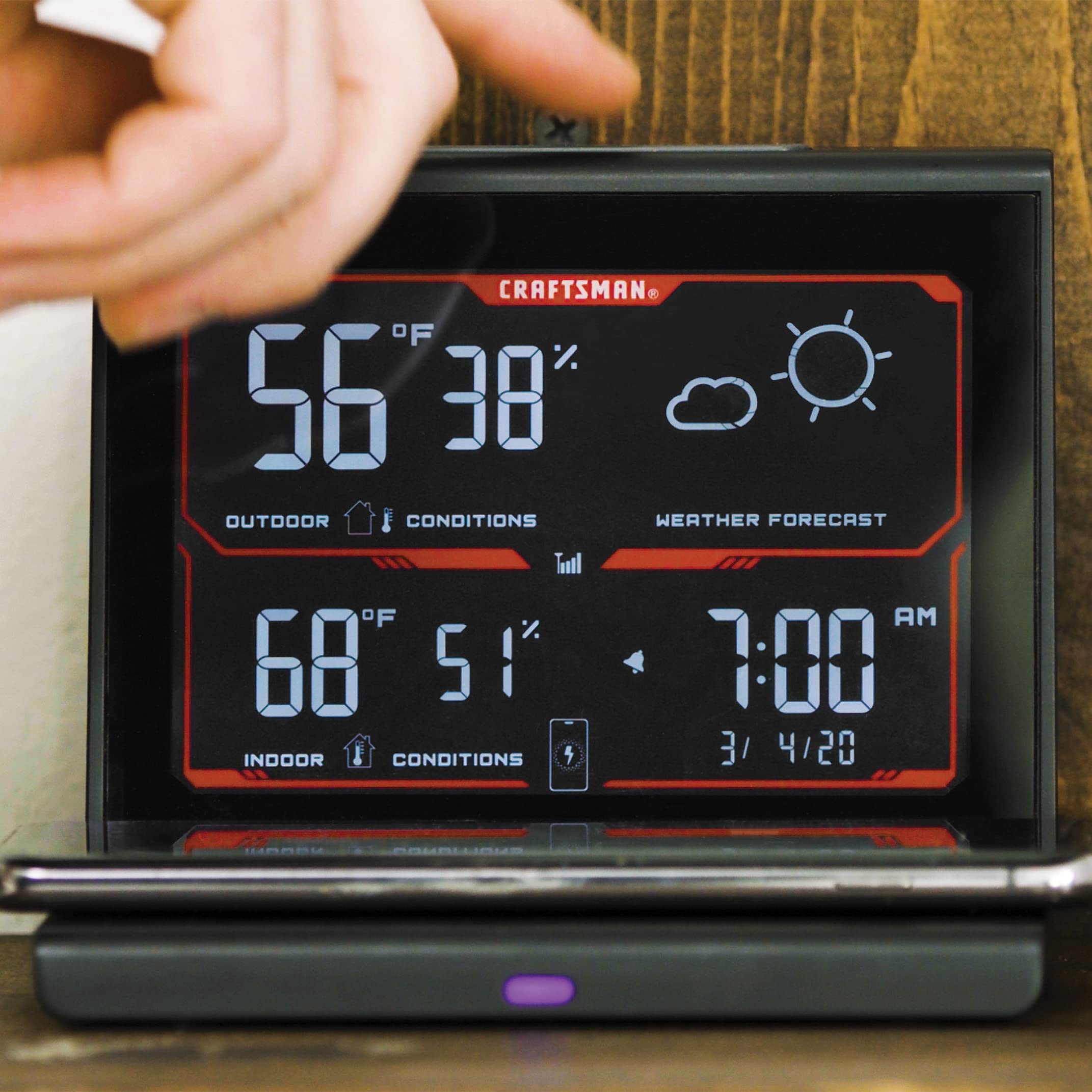 craftsman-weather-forecaster-with-wireless-charging-alarm-clock-and-indoor-outdo image 3