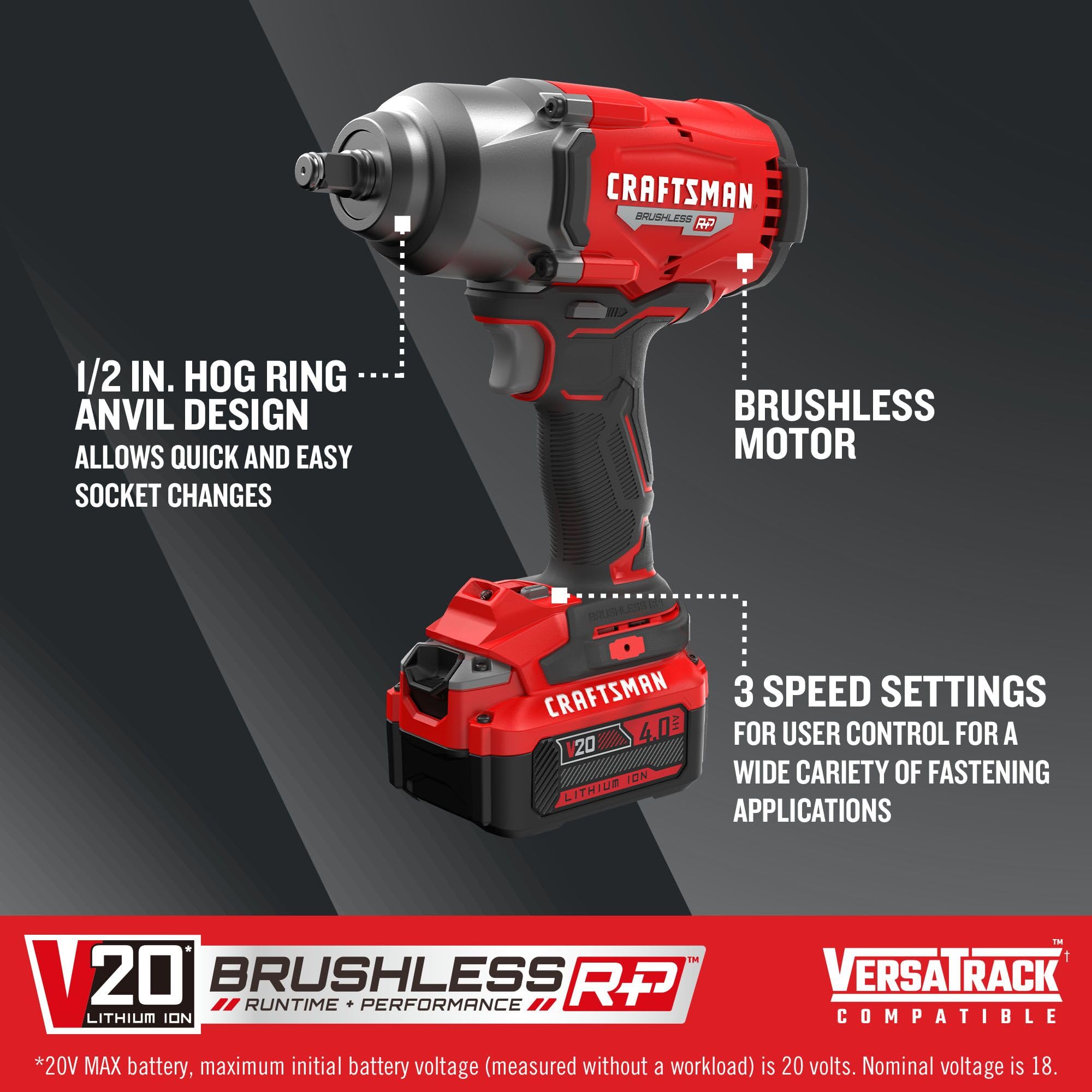 craftsman-v20-brushless-high-torque-impact-wrench-1-2-inch-with-4ah-battery-and- image 3