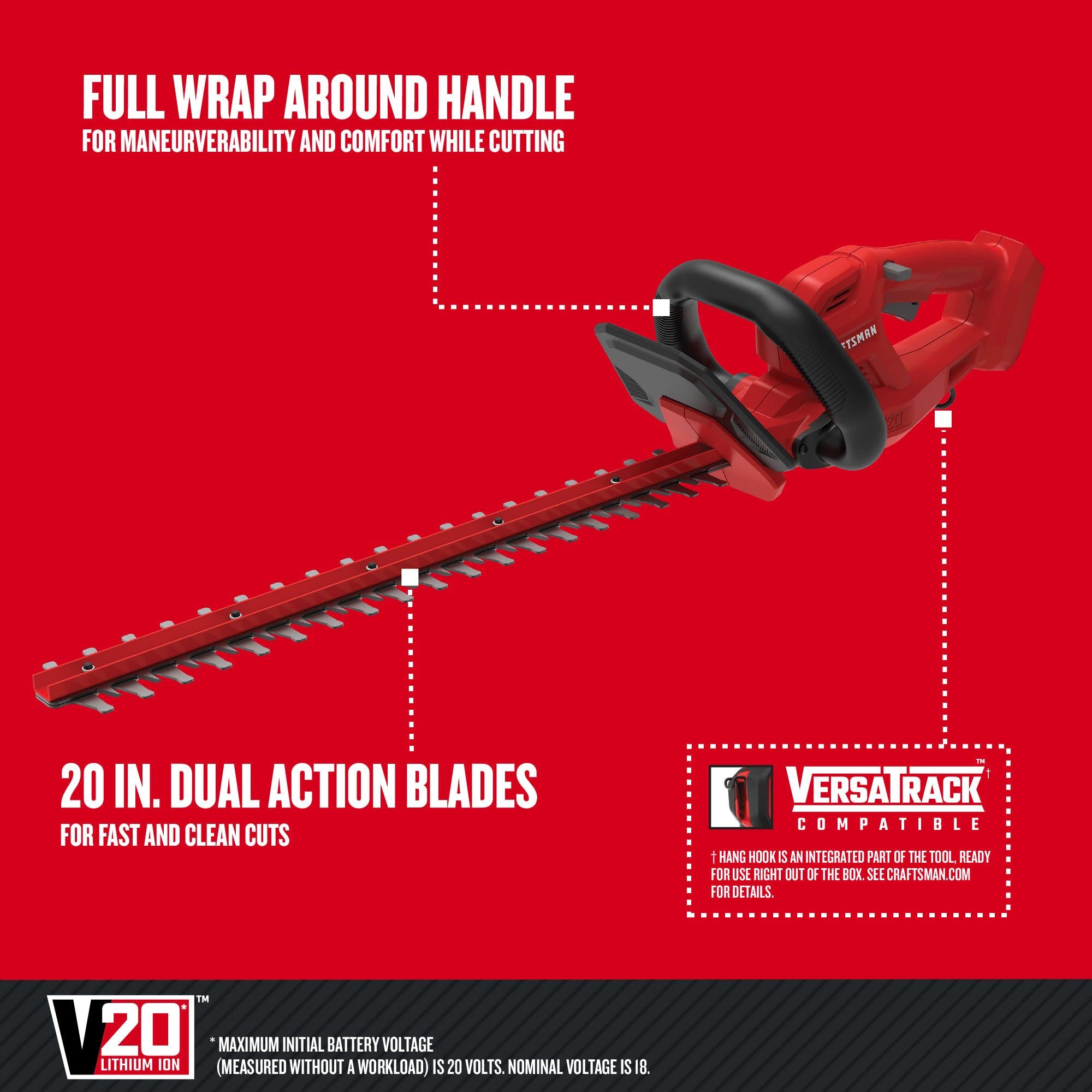 craftsman-v20-cordless-hedge-trimmer-20-inch-dual-action-blades-bare-tool-cmcht8 image 2