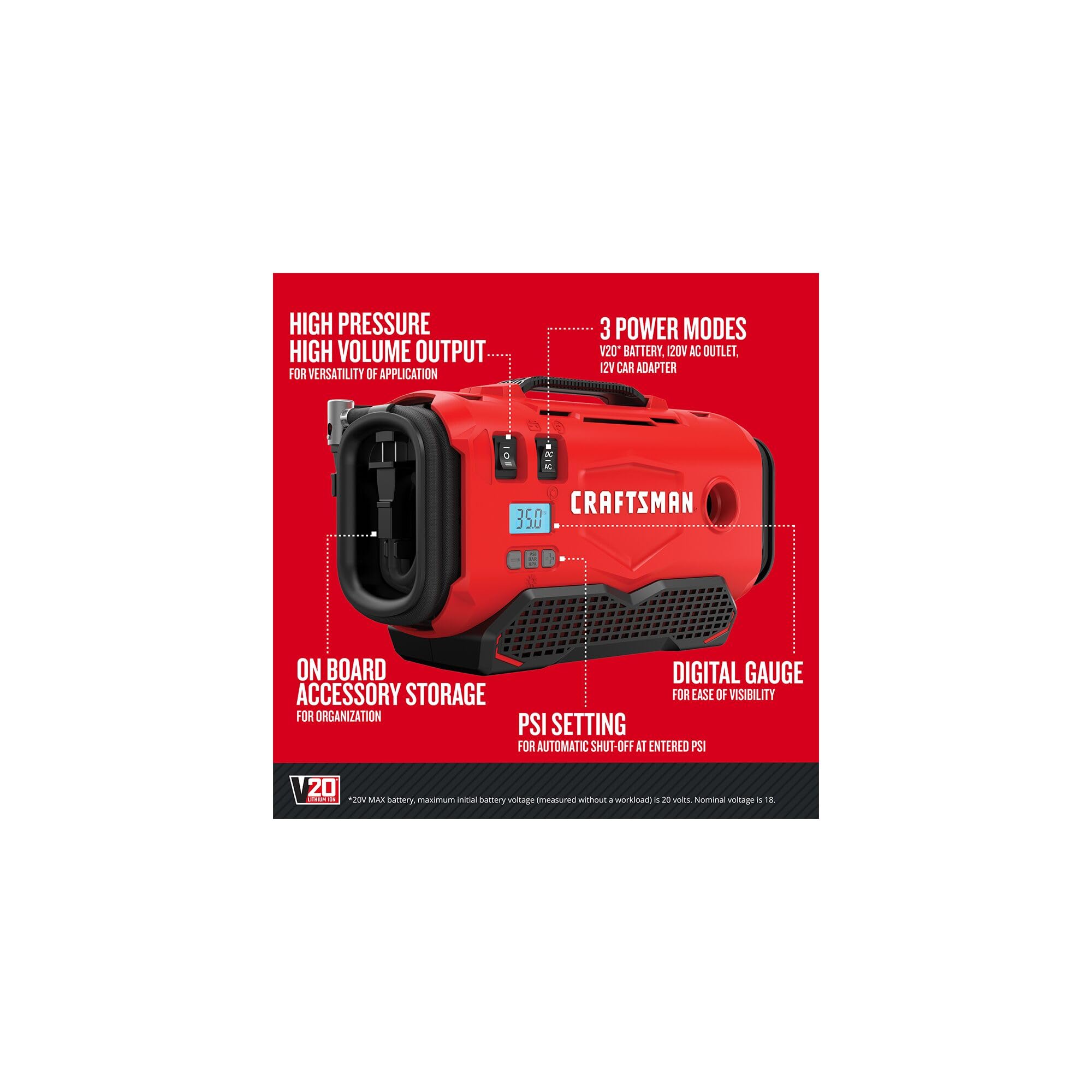 craftsman-v20-tire-inflator-portable-air-compressor-cmce520b-cordless-120v-12v-a image 2
