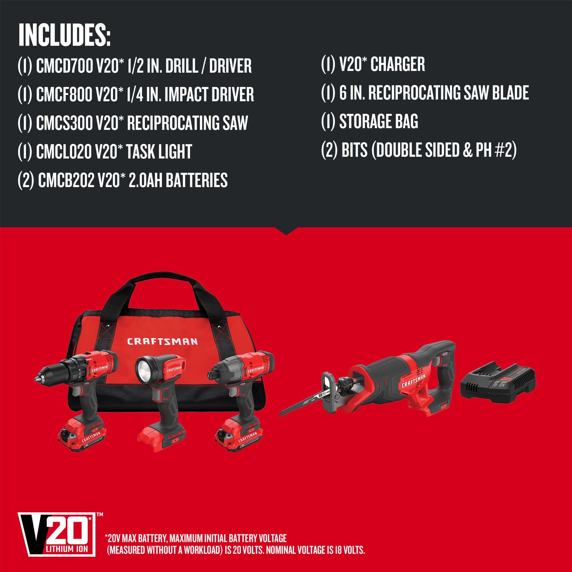 craftsman-v20-cordless-4-tool-combo-kit-with-2-batteries-and-charger-cmck400d2 image 3