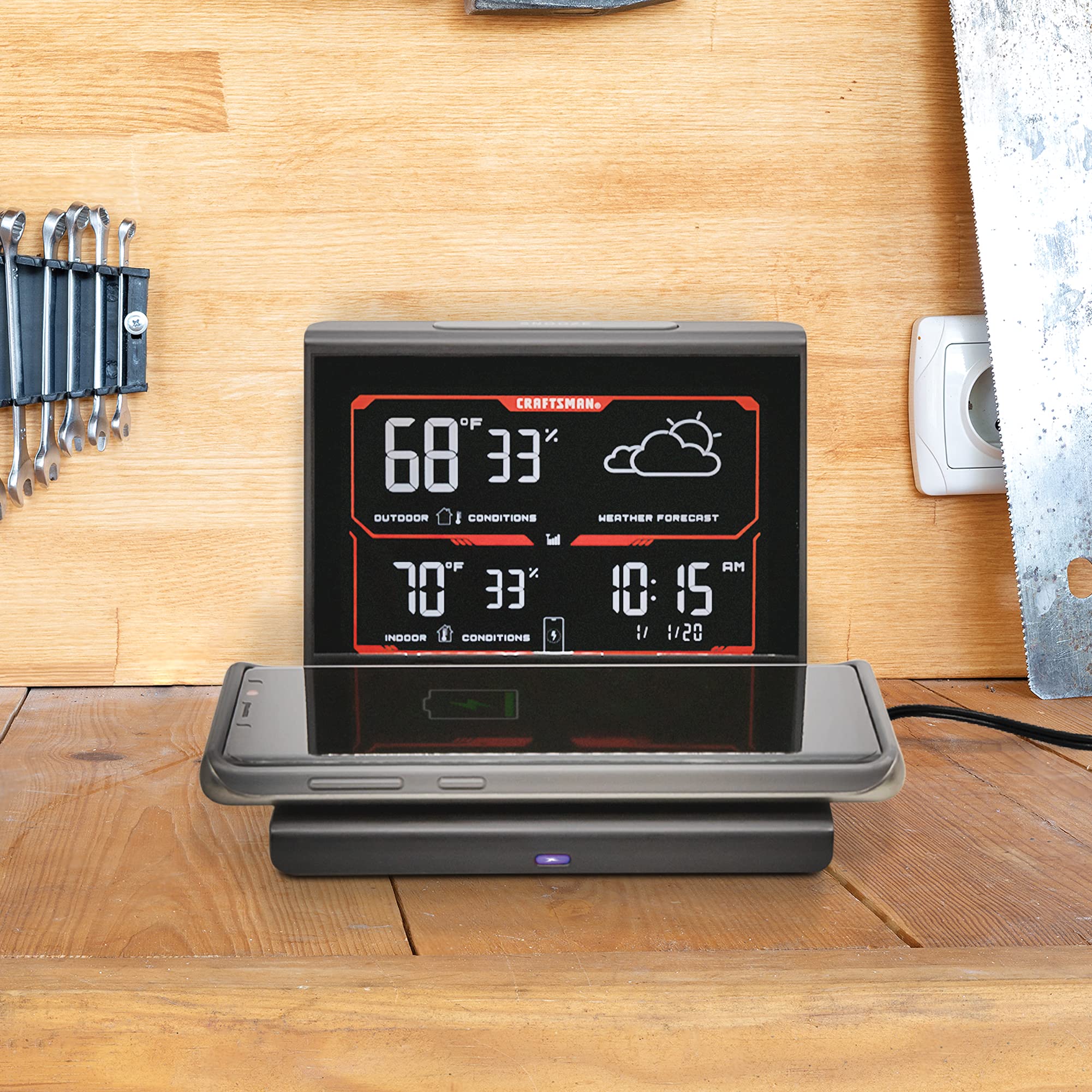 craftsman-weather-forecaster-with-wireless-charging-alarm-clock-and-indoor-outdo image 4