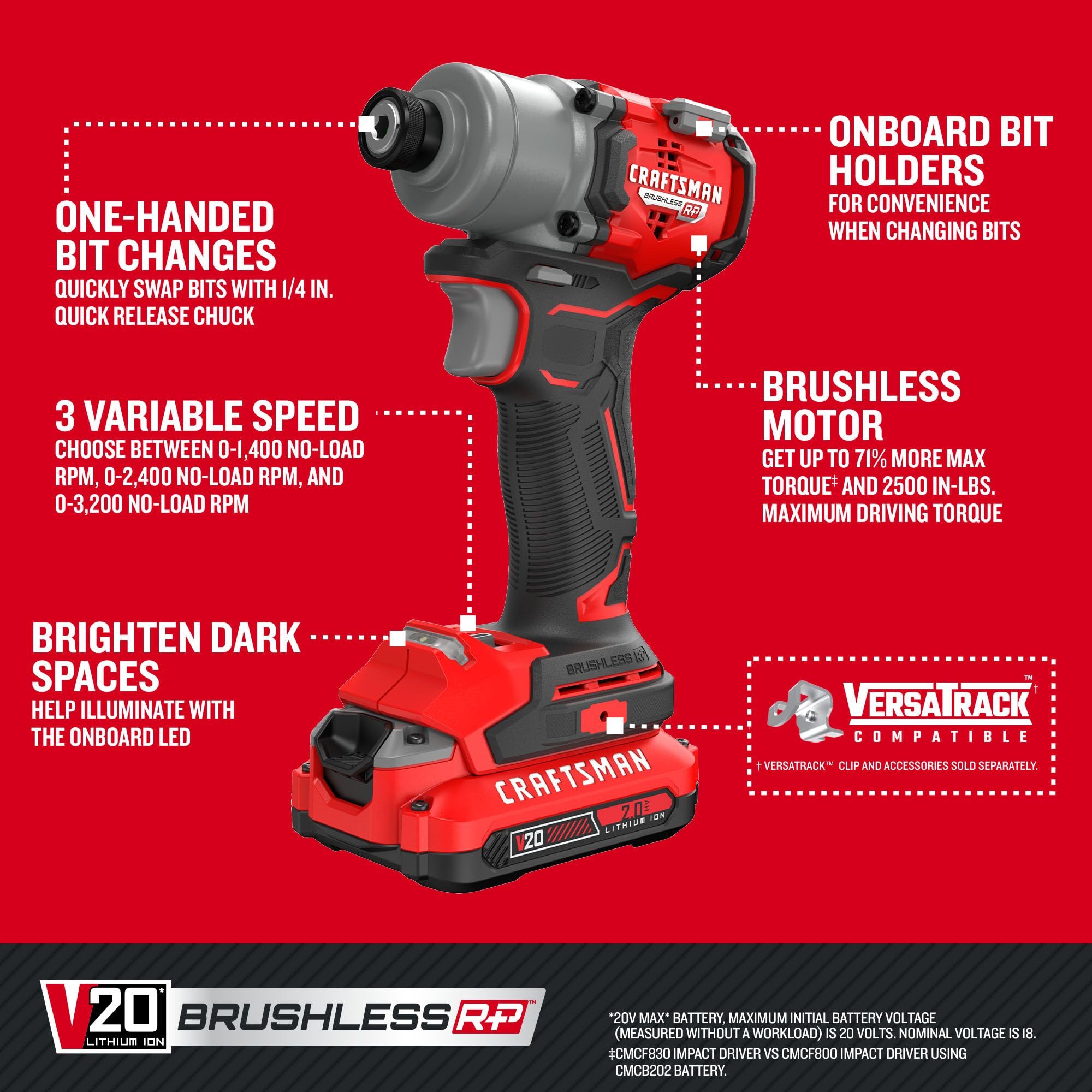 craftsman-v20-cordless-brushless-impact-driver-kit-cmcf830d2-with-2-batteries-ch image 8