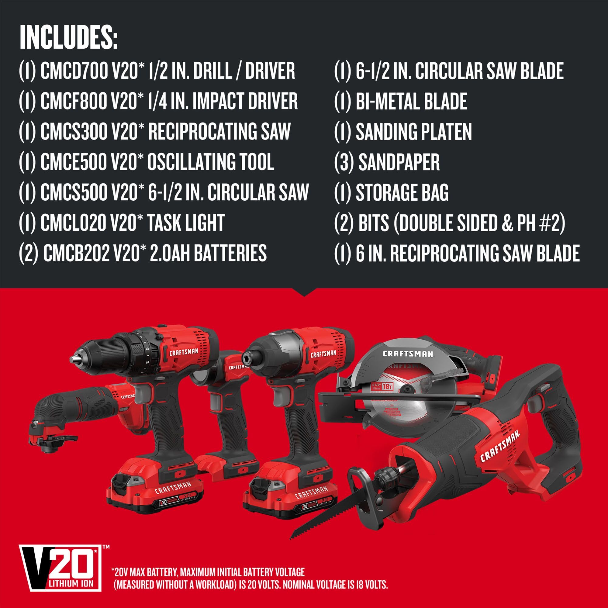 craftsman-v20-cordless-6-tool-power-tool-combo-kit-with-2-batteries-and-charger- image 2