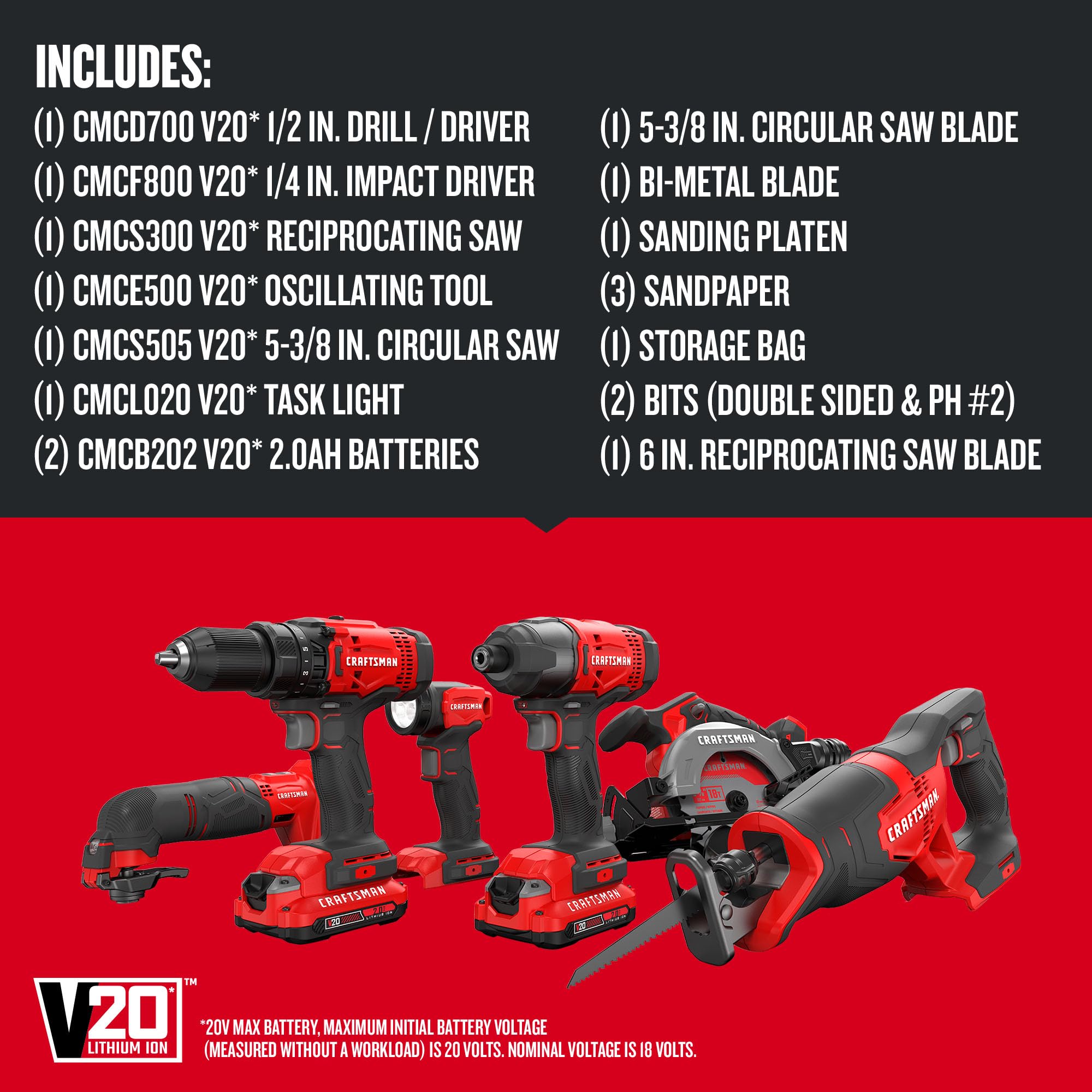 craftsman-v20-cordless-6-tool-combo-kit-cmck601d2-with-two-2-0-ah-batteries-and- image 2