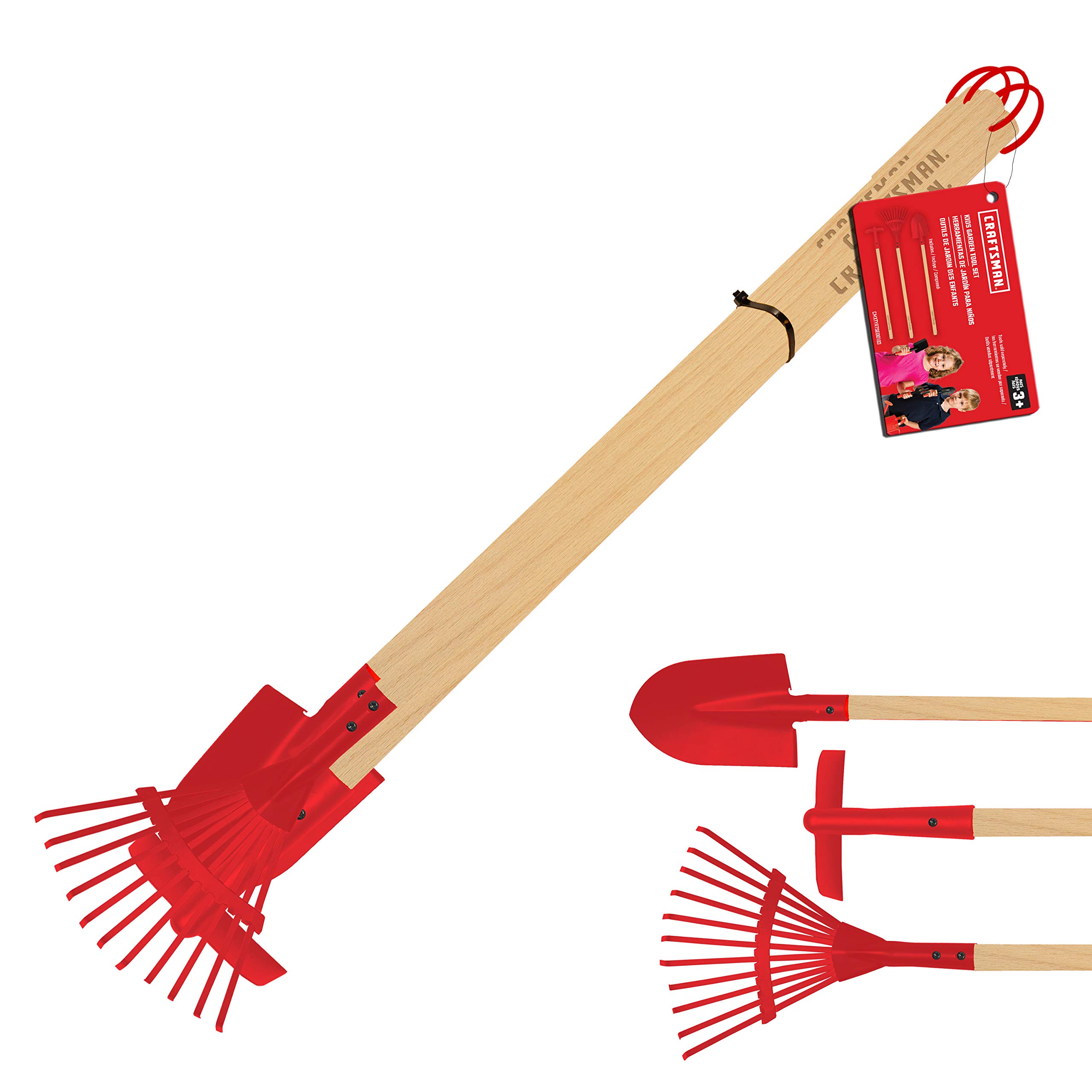craftsman-garden-tools-set-for-kids-3-piece-hoe-leaf-rake-shovel-wood-and-metal- image 1