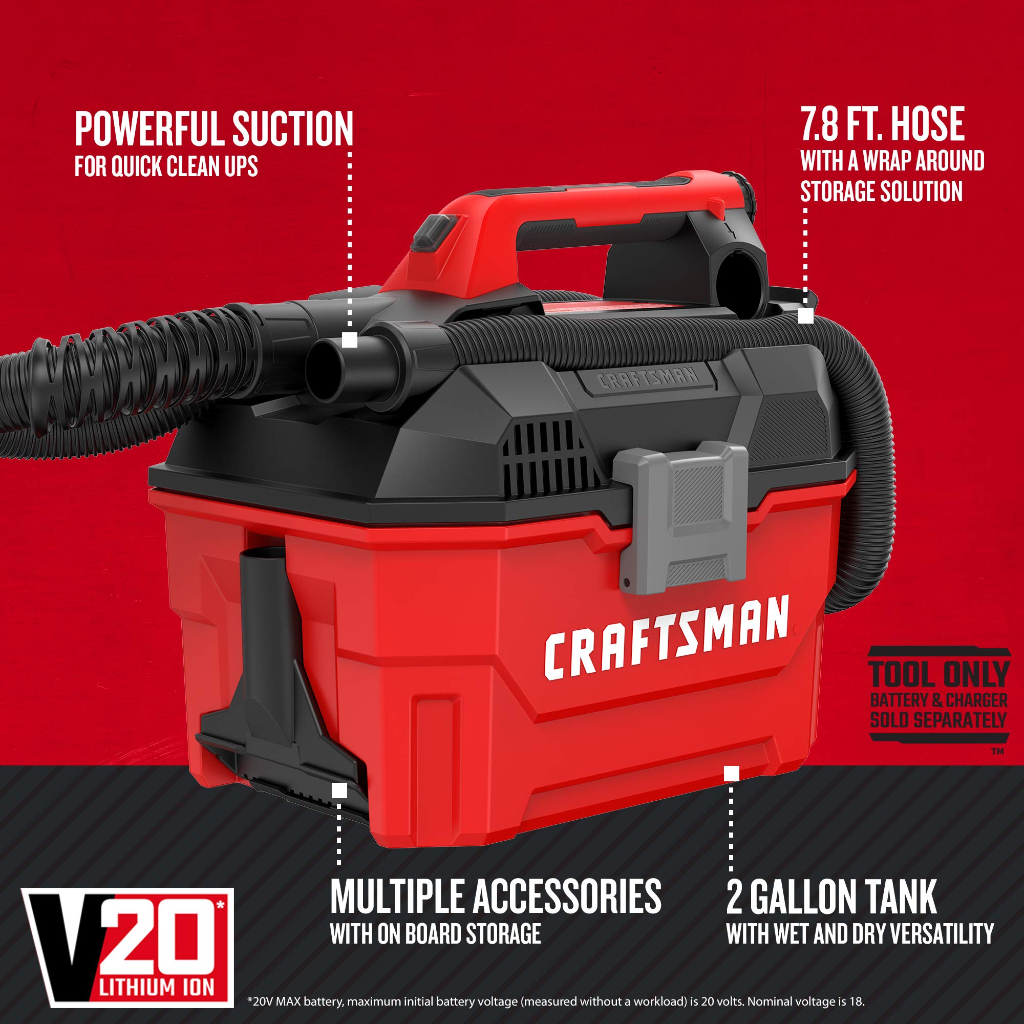 craftsman-v20-2-gallon-wet-dry-vac-tool-only-cmcv002b-35-cfm-hepa-filter-7-ft-ho image 2