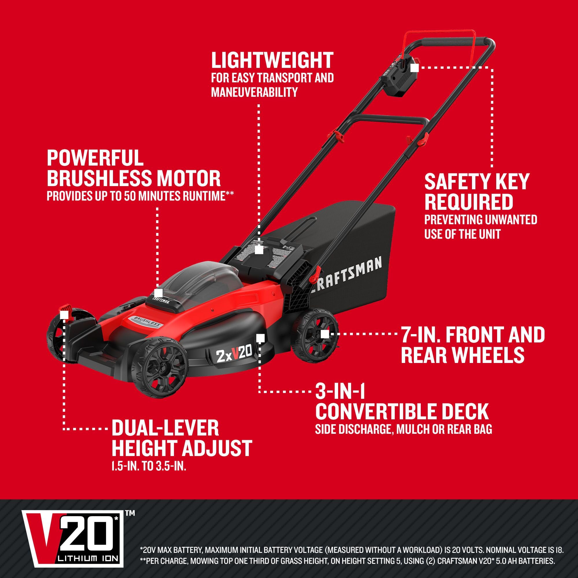 craftsman-v20-20-inch-cordless-push-lawn-mower-kit-2-x-5ah-batteries-and-charger image 3