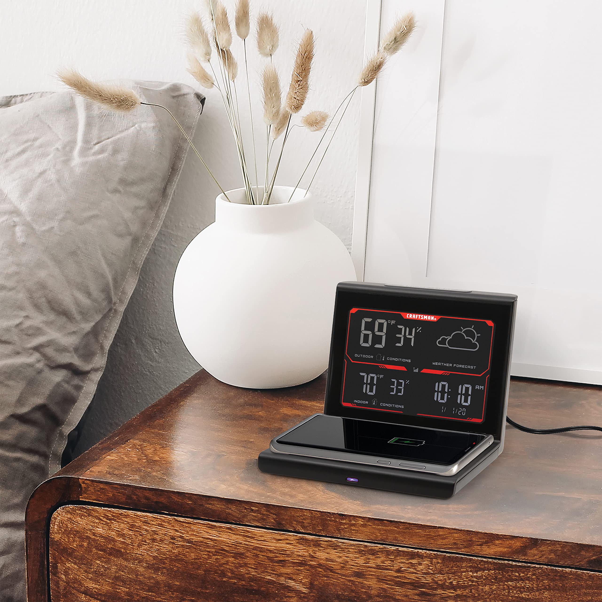 craftsman-weather-forecaster-with-wireless-charging-alarm-clock-and-indoor-outdo image 2